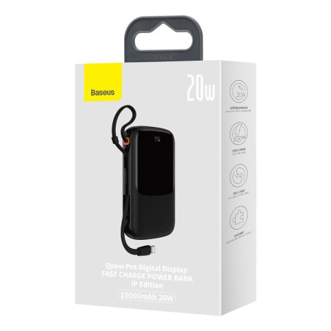 Qpow powerbank 10000mAh wbudowany kabel Iphone Lightning 20W Quick Charge czarny