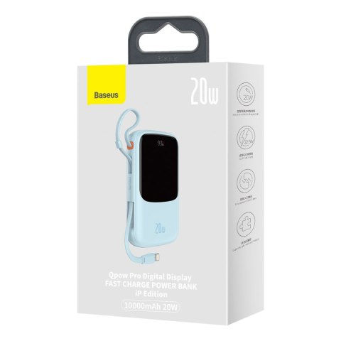 Qpow powerbank 10000mAh wbudowany kabel Iphone Lightning 20W Quick Charge niebieski