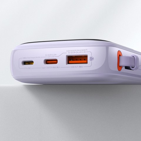Qpow powerbank 10000mAh wbudowany kabel USB Typu C 22.5W Quick Charge fioletowy