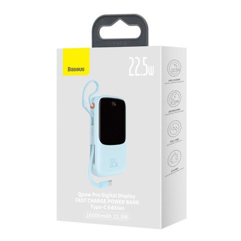 Qpow powerbank 10000mAh wbudowany kabel USB Typu C 22.5W Quick Charge niebieski