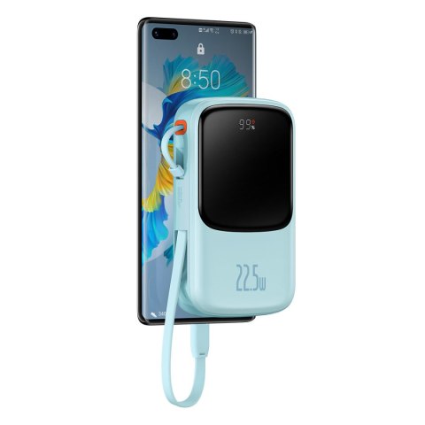 Qpow powerbank 10000mAh wbudowany kabel USB Typu C 22.5W Quick Charge niebieski