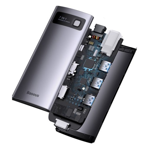 Stacja dokująca HUB 7w1 USB-C 1xHDMI 1xVGA 3xUSB 3.2 1xPower Delivery RJ-45 Ethernet szary