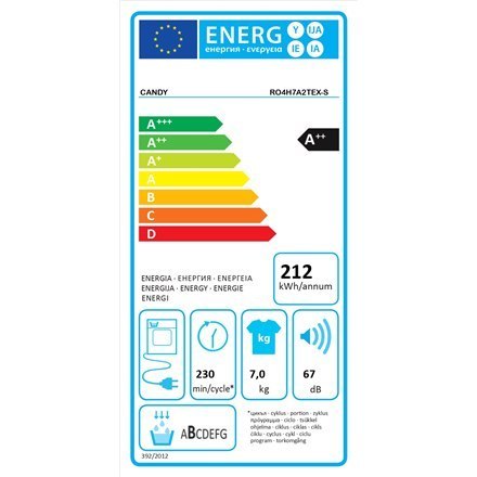 Candy | RO4 H7A2TEX-S | Suszarka | Klasa efektywności energetycznej A++ | Ładowana od przodu | 7 kg | LCD | Głębokość 46,5 cm | 