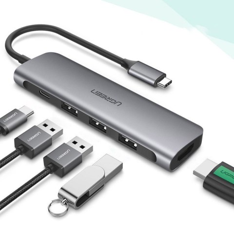 Wielofunkcyjny HUB rozgałęźnik USB-C na 3x USB 3.0 + USB-C + HDMI - szary