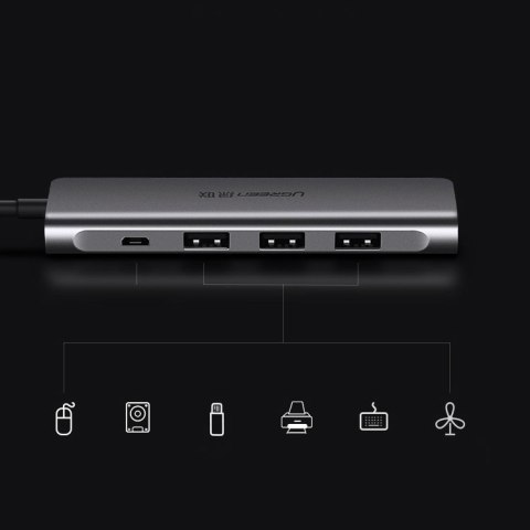 Wielofunkcyjny HUB rozgałęźnik USB-C na 3x USB 3.0 + USB-C + HDMI - szary