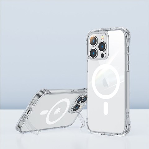 Magnetyczne etui do iPhone 14 pancerny pokrowiec z haczykami podstawką przezroczysty