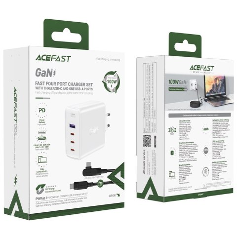 Szybka ładowarka sieciowa GaN 3x USB-C 1x USB-A + kabel kątowy USB-C 100W 2m biały