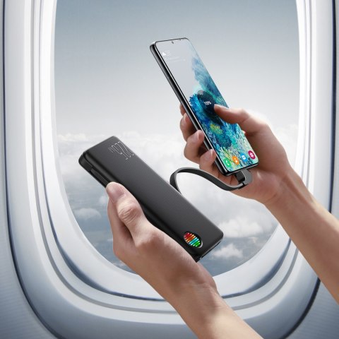 Powerbank z latarką 22.5W 10000mAh i wbudowanymi kablami USB-C i Lightning czarny