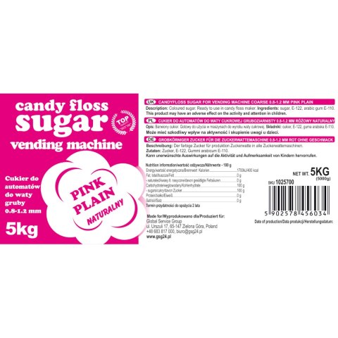 Cukier do automatu do waty cukrowej granulacja 0.8-1.2mm smak naturalny CZERWONY 5kg