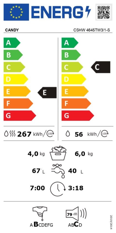 Pralka Candy z suszarką | CSHW 4645TW3/1-S | Klasa efektywności energetycznej C/E | Ładowana od frontu | Pojemność prania 6 kg |