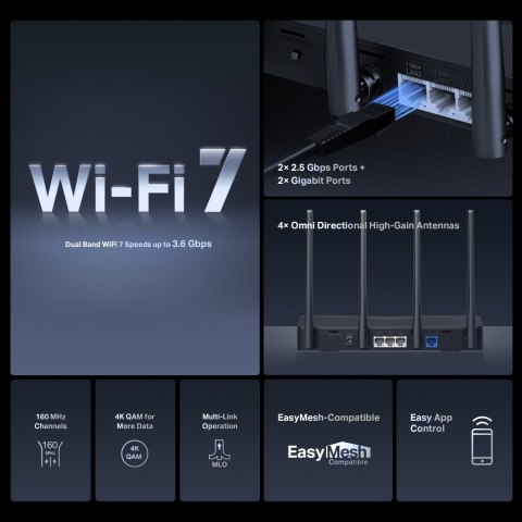 Dwuzakresowy router Wi-Fi 7 Mercusys BE3600 | MR27BE | 802.11be | 2880 Mbit/s | Porty Ethernet LAN (RJ-45) 3 | Obsługa sieci Mes