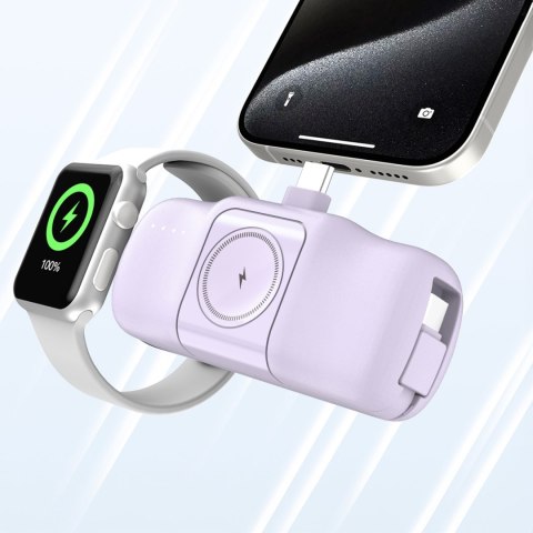 Mini powerbank 5000mAh 15W USB-C i ładowarką do Apple Watch - fioletowy