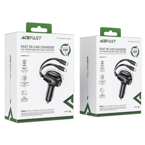 Ładowarka samochodowa B13 53W USB-A + 2 kable rozwijane USB-C - czarna