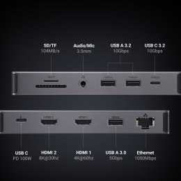 13w1 HUB adapter USB-C - USB-A / USB-C / HDMI / DisplayPort / RJ45 / SD TF / AUX / USB-C PD - szary