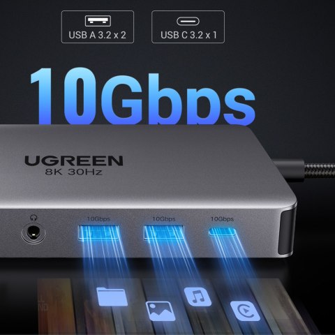 13w1 HUB adapter USB-C - USB-A / USB-C / HDMI / DisplayPort / RJ45 / SD TF / AUX / USB-C PD - szary