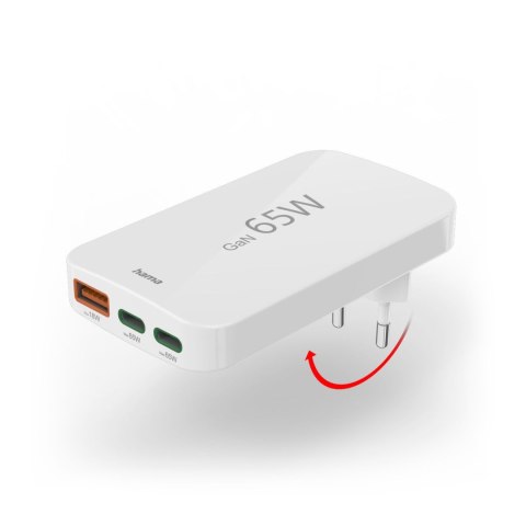 Ładowarka sieciowa składana GaN USB-C USB-A 65W - biała