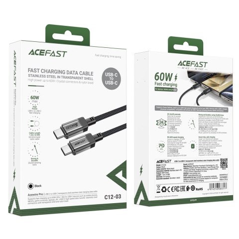 Kabel przewód USB-C z nylonowym oplotem PD 60W 480Mb/s - czarny