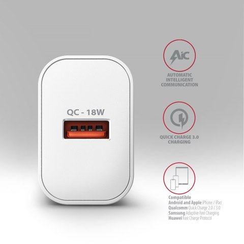 AXAGON Wallcharger 1x port USB-A, QC3.0/AFC/FCP/Apple, 18W | ACU-QC18W