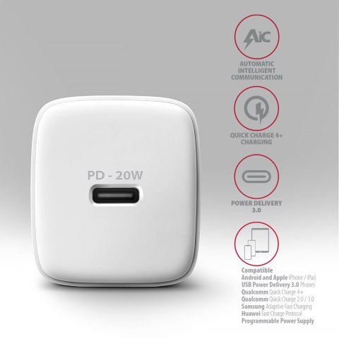 AXAGON Wallcharger 1x port USB-C, PD3.0 / PPS /QC4+/AFC/FCP/Apple, 20W | ACU-PD20W