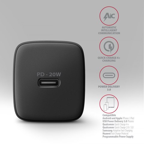 AXAGON Wallcharger 1x port USB-C, PD3.0/PPS/QC4+/AFC/FCP/Apple, 20W | ACU-PD20