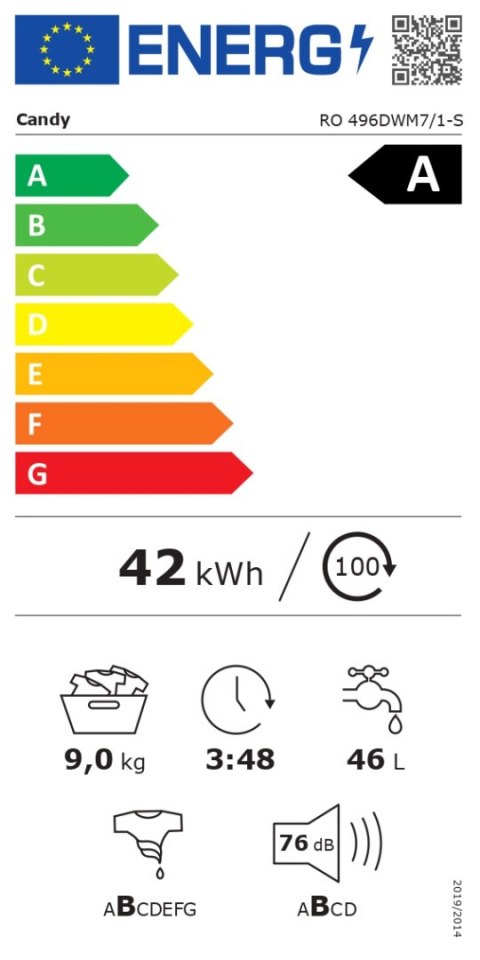 Candy Washing Machine | RO 496DWM7/1-S | Energy efficiency class A | Front loading | Washing capacity 9 kg | 1400 RPM | Depth 53