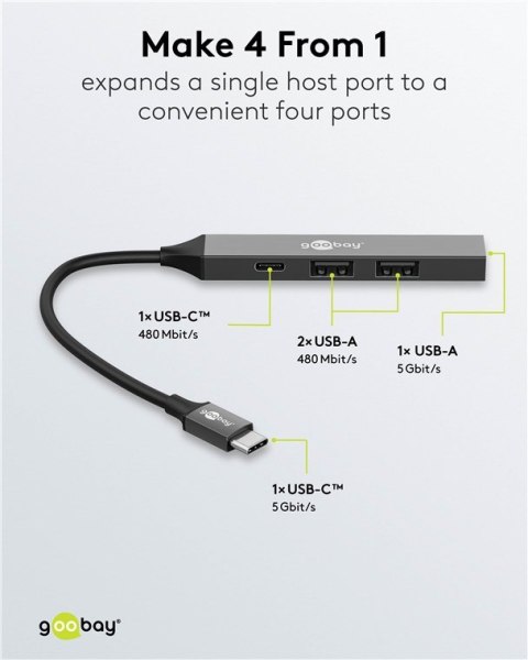 Goobay Slim 4-Port USB Hub, USB-C to USB-C/USB-A, 5 Gbit/s | 74459