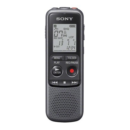 Rejestrator dźwięku Sony ICD-PX240 w kolorze czarnym i szarym z wyświetlaczem LCD, odtwarzaczem MP3. Maksymalny czas nagrywania 