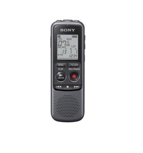 Rejestrator dźwięku Sony ICD-PX240 w kolorze czarnym i szarym z wyświetlaczem LCD, odtwarzaczem MP3. Maksymalny czas nagrywania 