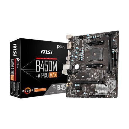 MSI | B450M-A PRO MAX | Rodzina procesorów AMD | Gniazdo procesora AM4 | DDR4 DIMM | Gniazda pamięci 2 | Liczba złączy SATA 4 | 
