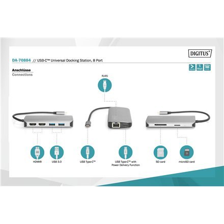 Stacja Dokująca USB-C Digitus | Uniwersalna, 8 Portów | Dla Laptopów | Gniazda Ethernet LAN (RJ-45) 1 | Porty VGA (D-Sub) | Port