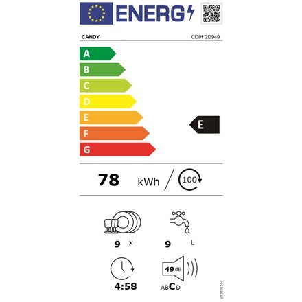 Candy Brava | Zmywarka do zabudowy | Zmywarka w pełni zintegrowana | CDIH 2D949 | Szerokość 44,8 cm | Wysokość 81,6 cm | Klasa E