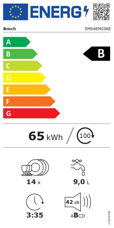 Bosch | Zmywarka | SMS4EMC06E | Wolnostojąca | Szerokość 60 cm | Liczba kompletów naczyń 14 | Liczba programów 6 | Klasa efektyw