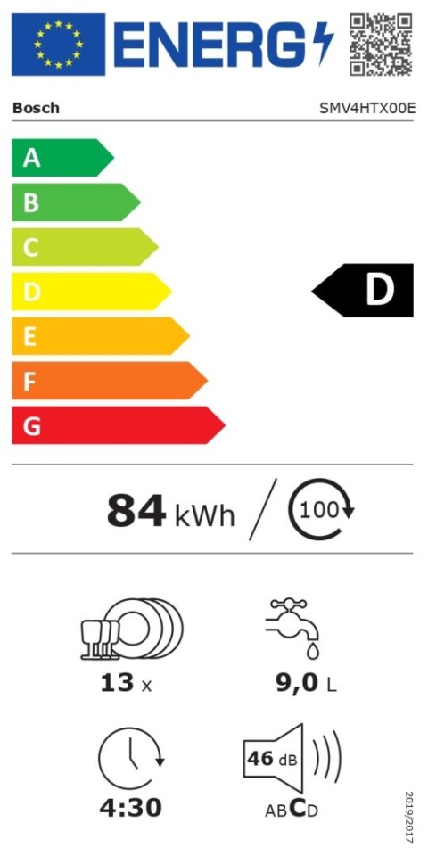 Bosch | Zmywarka | SMV4HTX00E | Do zabudowy | Szerokość 60 cm | Liczba kompletów naczyń 13 | Liczba programów 6 | Klasa efektywn