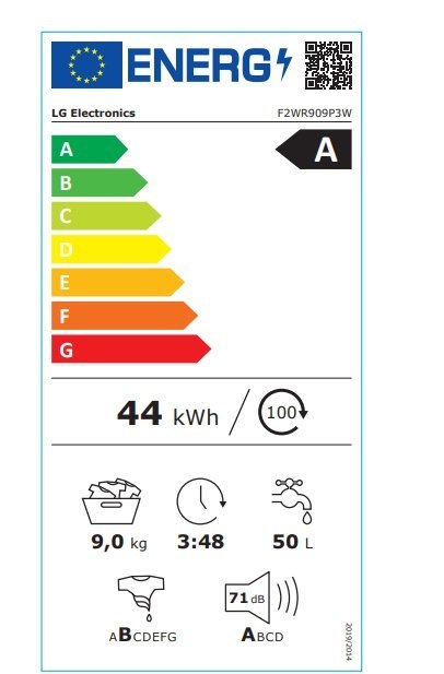 Pralka LG F2WR909P3W | Efektywność energetyczna A-10% | Pojemność 9 kg | Prędkość wirowania 1200 RPM | Klasa A++ | Funkcja pary 