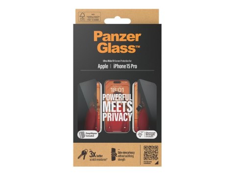 Szkło Hartowane PanzerGlass z Filtracją Prywatności do Apple iPhone 15 Pro | Czarne | Przezroczyste