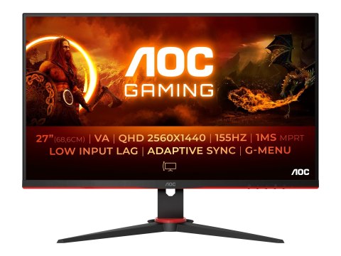 AOC | Monitor | Q27G2E/BK | 27 " | VA | QHD | 16:9 | 155 Hz | 1 ms | Nie | 2560 x 1440 | 250 cd/m² | Ilość portów HDMI 2 | Czarn