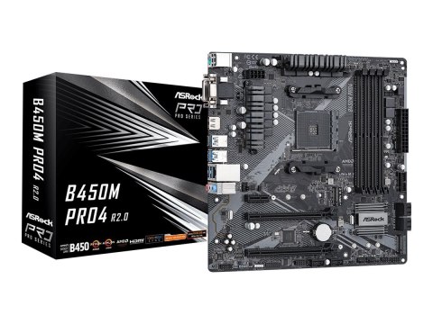 ASRock B450M PRO4 R2.0 | Rodzina procesorów AMD | Gniazdo procesora AM4 | DDR4 | Obsługiwane interfejsy dysków twardych SATA, M.