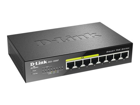 D-Link | 8-portowy przełącznik Gigabit PoE (4xPoE) | DGS-1008P | Niezarządzany | Desktop | Typ zasilania Zewnętrzny