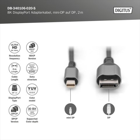 DIGITUS 8K DisplayPort Adapter Cable, Mini DP to DP, 2 m | Digitus