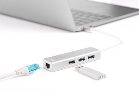 Digitus | 3-portowy koncentrator USB typu C + Gigabit Ethernet