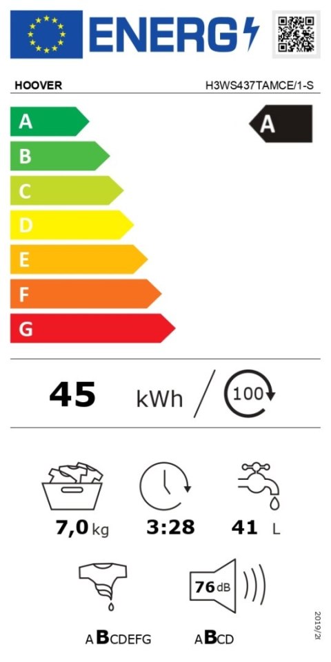 Hoover | Pralka | H3WS437TAMCE/1-S | Klasa efektywności energetycznej A | Ładowanie od przodu | Pojemność prania 7 kg | 1300 obr