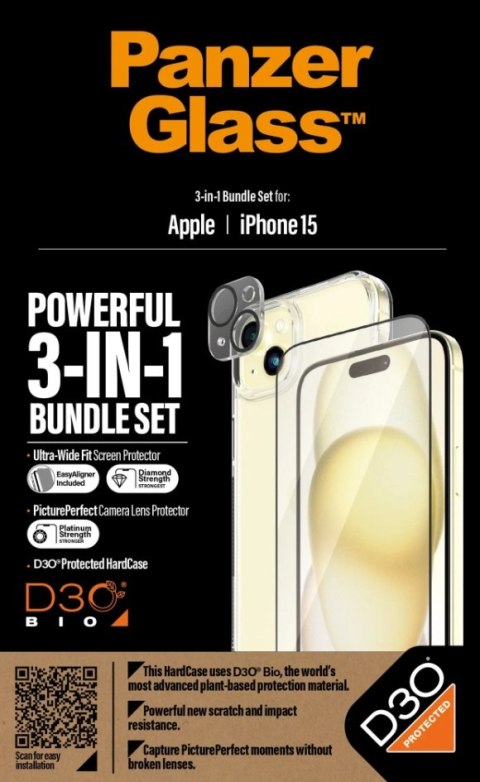 PanzerGlass | Panzerglass 3-w-1 Pack | iPhone | iPhone 15 | Clear | Kompatybilny z bezprzewodowym ładowaniem. Odporny na zarysow