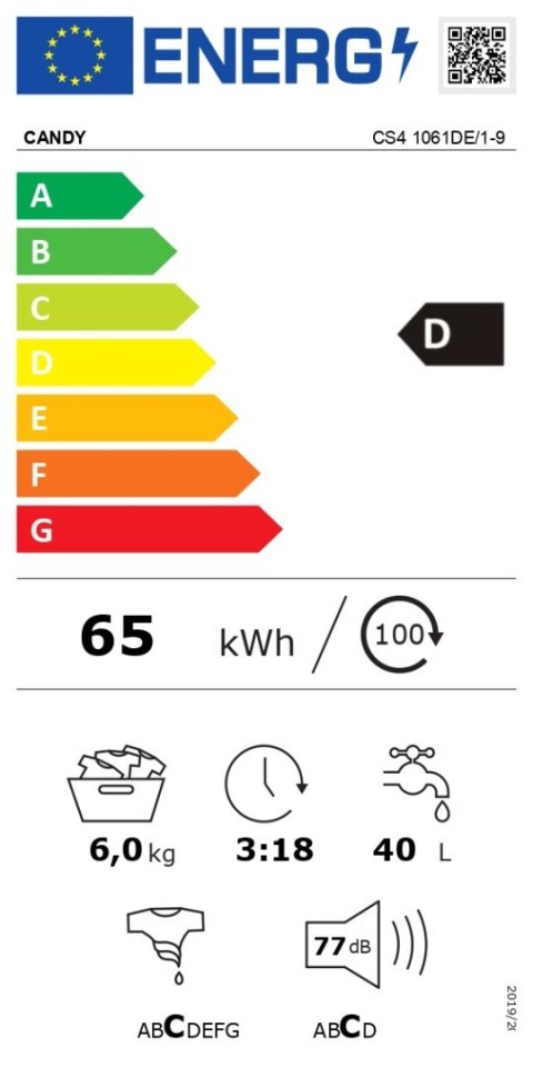 Pralka Candy | CS4 1061DE/1-9 | Klasa efektywności energetycznej D | Ładowana od frontu | Pojemność prania 6 kg | 1000 obr/min |