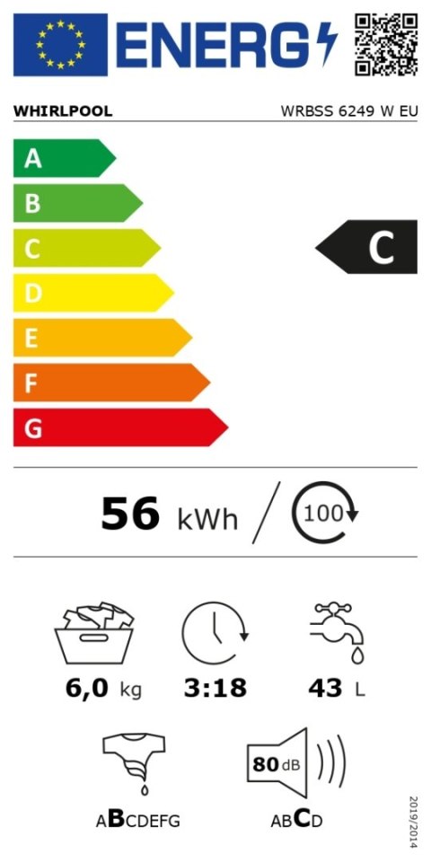 Pralka Whirlpool | WRBSS 6249 W EU | Klasa efektywności energetycznej C | Ładowana od frontu | Pojemność prania 6 kg | 1200 obr/