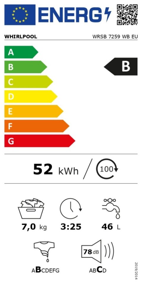 Pralka Whirlpool | WRSB 7259 WB EU | Klasa efektywności energetycznej B | Ładowana od frontu | Pojemność prania 7 kg | 1200 obr/