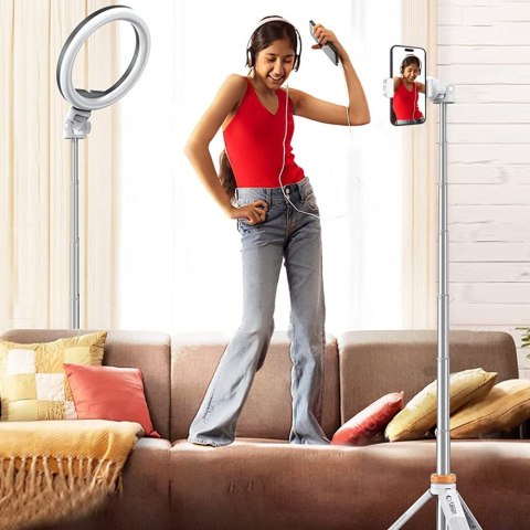 Selfie stick kijek do zdjęć Bluetooth z tripodem pilotem i głowicą 180 do 148cm - biały
