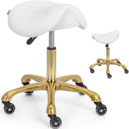 Taboret stołek kosmetyczny siodłowy na kółkach do 150 kg YORK - biało złoty