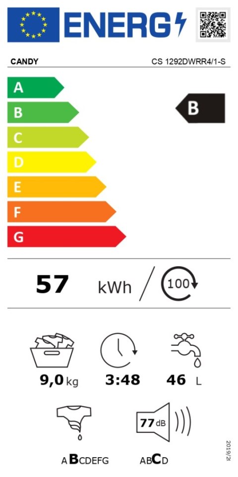 Candy Washing machine | CS 1292DWRR4/1-S | Energy efficiency class B | Front loading | Washing capacity 9 kg | 1200 RPM | Depth 
