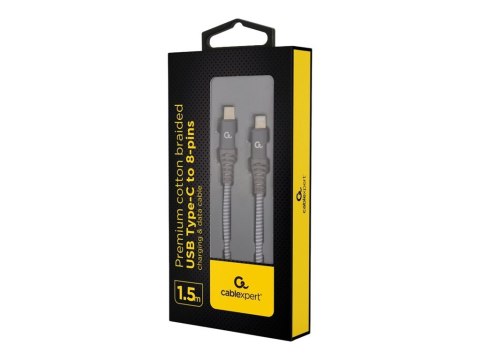Cablexpert Premium cotton braided USB Type-C to 8-pins charging and data cable | CC-USB2B-CM8PM-1.5M | Grey | 1.5 m