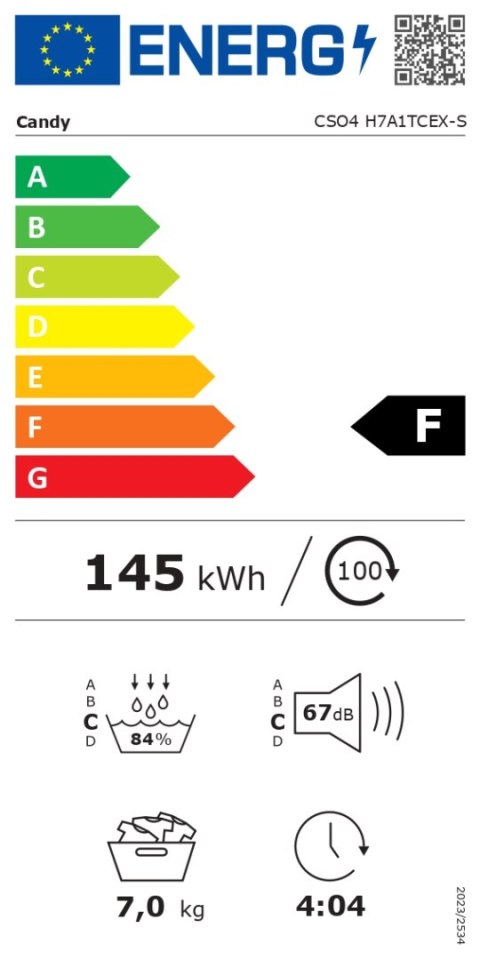 Suszarka Candy CSO4 H7A1TCEX-S, A+, ładowana od przodu, 7 kg, głębokość 46,5 cm, biała | Candy